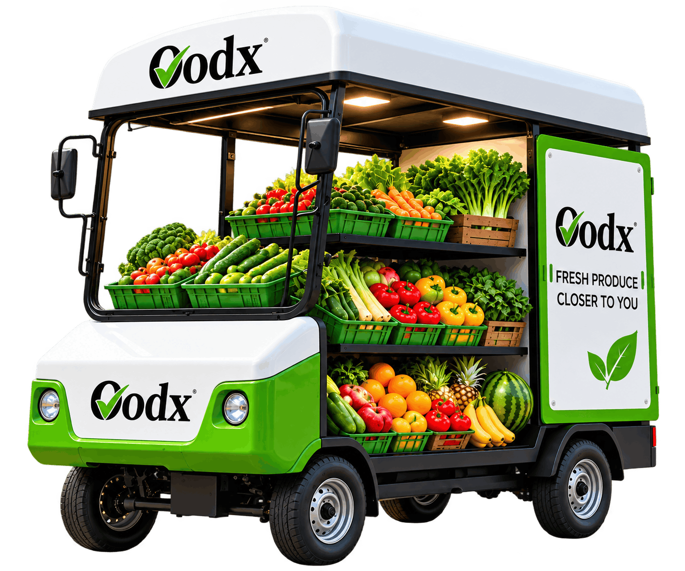 OODX FreshCart - Electric mobile produce cart with farm fresh fruits and vegetables