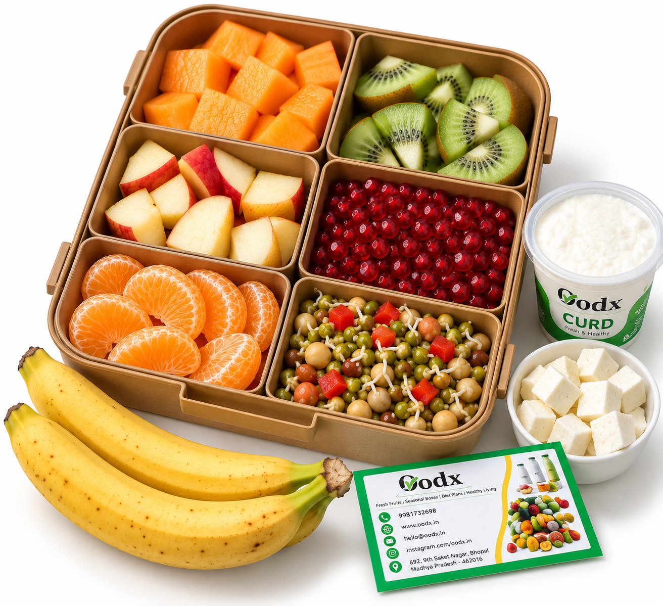 Highly protein meal box with fruits and fresh protein accompaniment