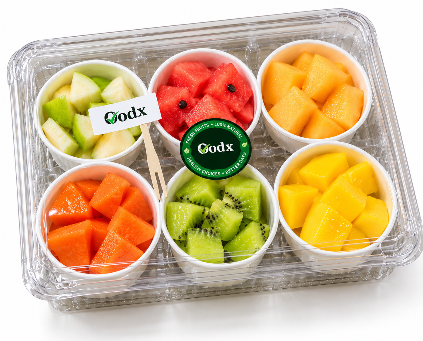 Small fruit meal box with cups of fresh seasonal fruits